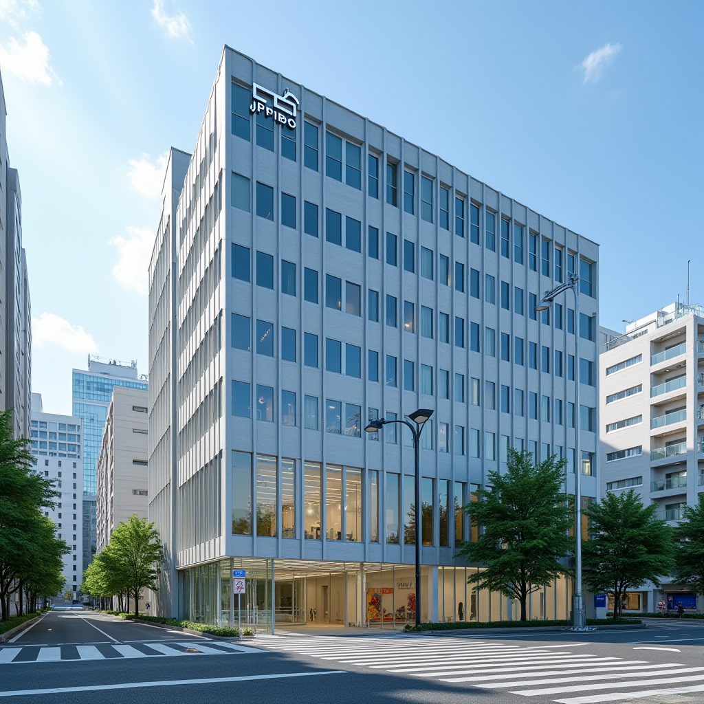 JPpibo塩彩商事株式会社のオフィス外観、東京渋谷区千駄ヶ谷の現代的なビル、エントランスに会社ロゴが見える明るい日中の写真