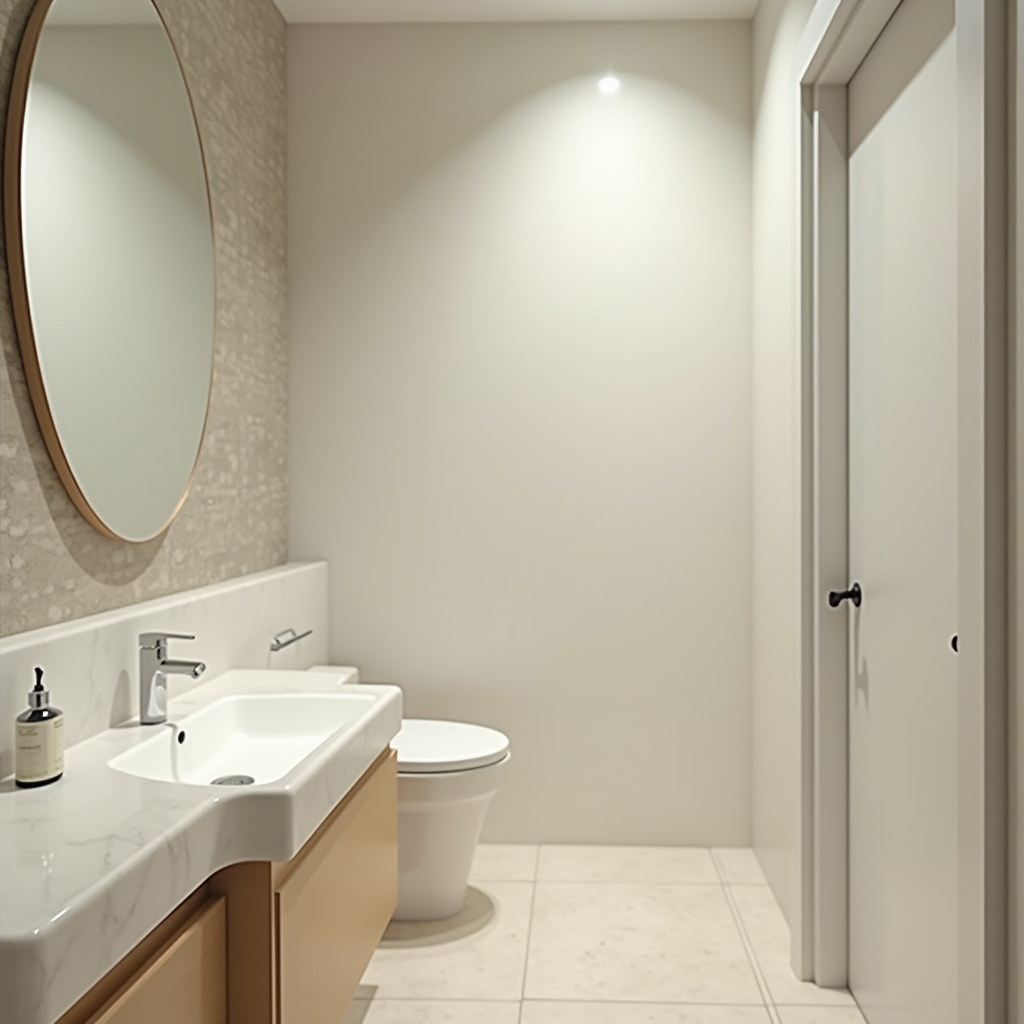 清潔な日本の現代的なバスルームに置かれたJPpiboクリーナーのボトル、白い便器と最小限のインテリアデザイン