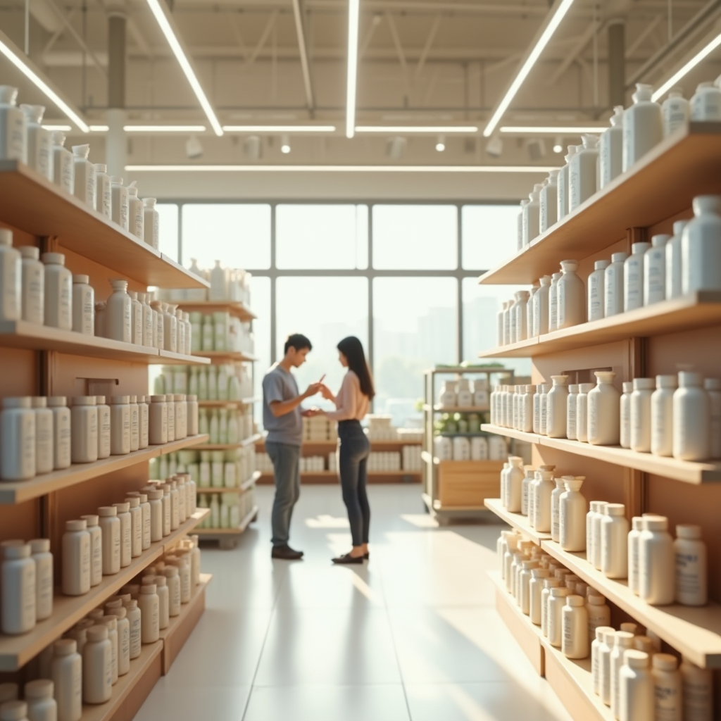 日本の大手ホームセンターの店内、木製棚に陳列された環境配慮型洗浄製品、自然光が差し込む明るい売り場、塩系トイレクリーナーを手に取る顧客、ミニマリストな日本のデザイン美学