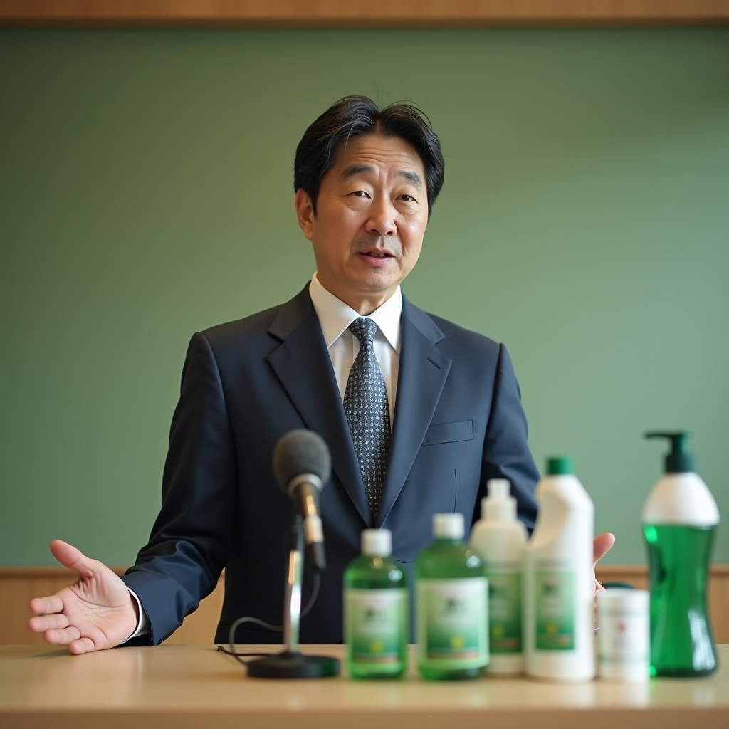 日本政府関係者が記者会見で新しい環境規制を発表し、テーブルに緑色の洗浄製品が展示されている様子