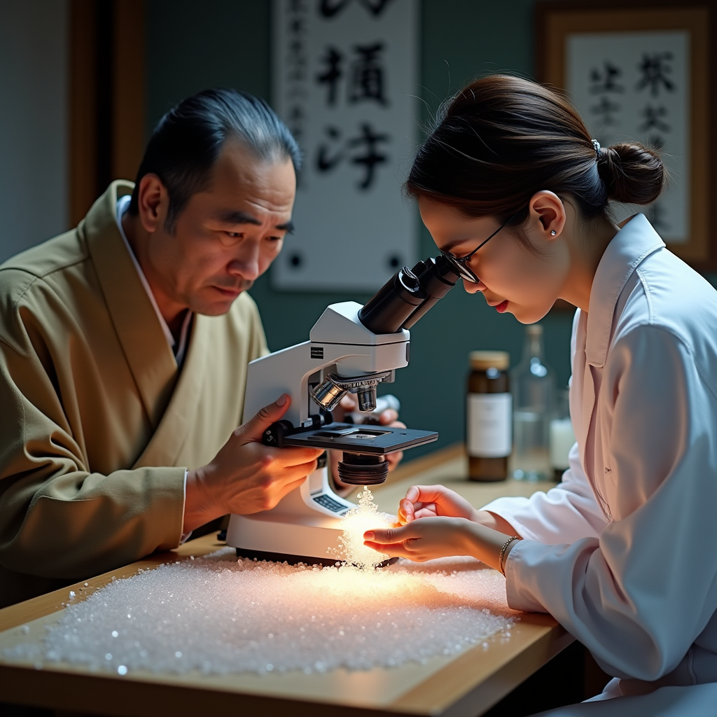 日本の伝統的な塩の浄化儀式と現代の実験室科学の融合 - 神道の神職が塩の儀式を行い、白衣を着た現代の化学者が顕微鏡で塩の結晶を調べている様子