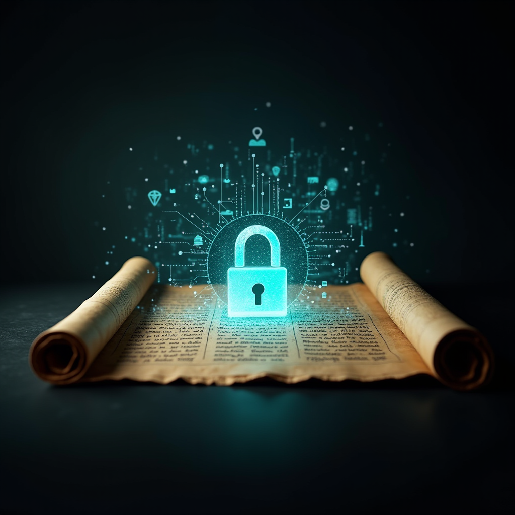 プライバシー保護のコンセプト - 古代の巻物とモダンなデジタルロックのオーバーレイ、ターコイズの光の効果、安全なデータ取り扱いを表現