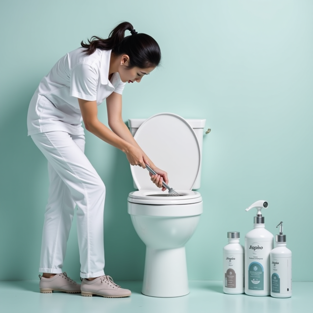 JPpiboプロフェッショナル清掃チームが最新の塩系クリーナー機器を使用してトイレを清掃している様子。白い制服を着た技術者が便器を丁寧に洗浄し、環境に優しい塩ベース洗剤のボトルが前景に配置されている
