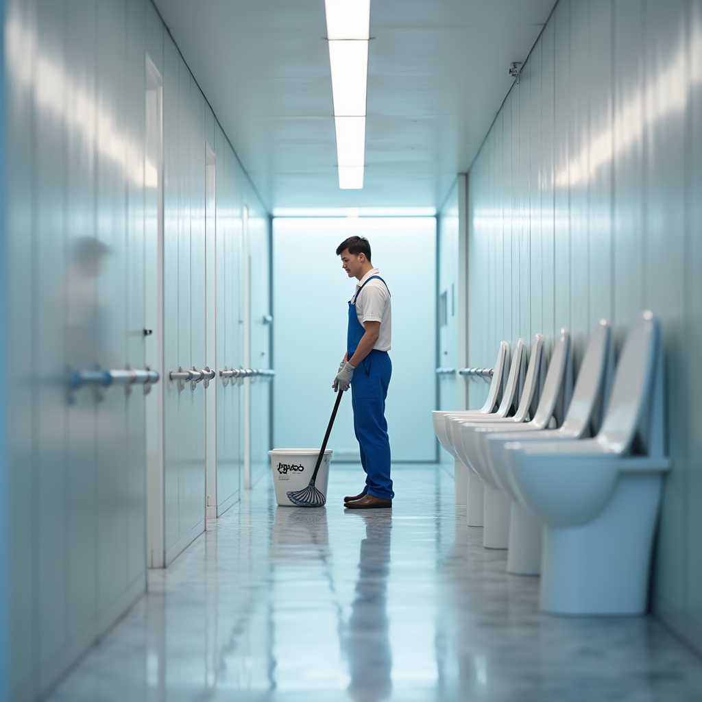 Professional maintenance staff cleaning commercial toilet facilities with JPpibo salt cleaner products, modern office building interior with pristine restroom facilities