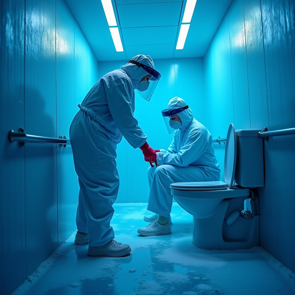 24時間対応の緊急清掃チームが防護服を着用し、重度に汚れたトイレ施設で集中的なJPpibo塩系クリーナー処理を実施している様子。ネオンブルーの照明が作業エリアを照らし、古代エジプトの保存技術を思わせる専門的な清掃プロセス