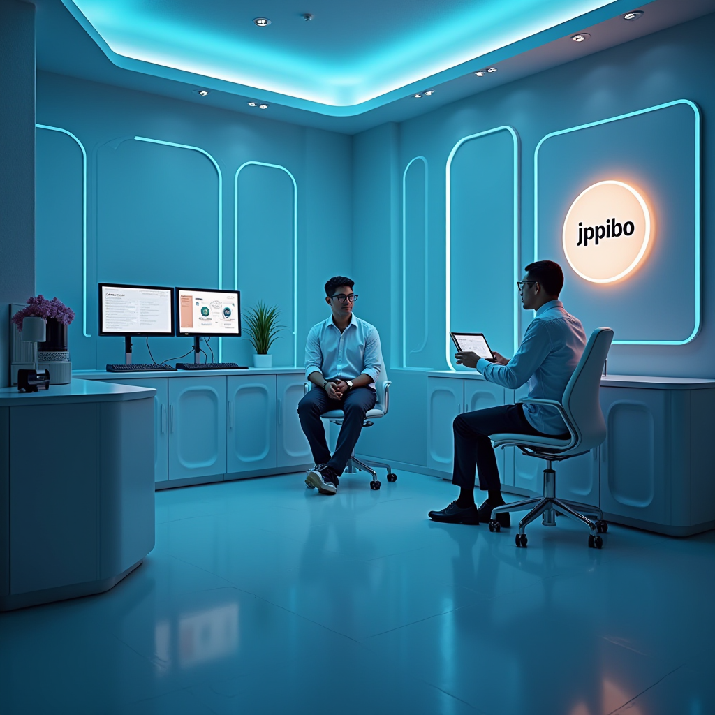 プロフェッショナルなコンサルテーションルームでJPpiboソルトクリーナーシステムのトレーニングセッション、モダンな設備とネオンライトのアクセント