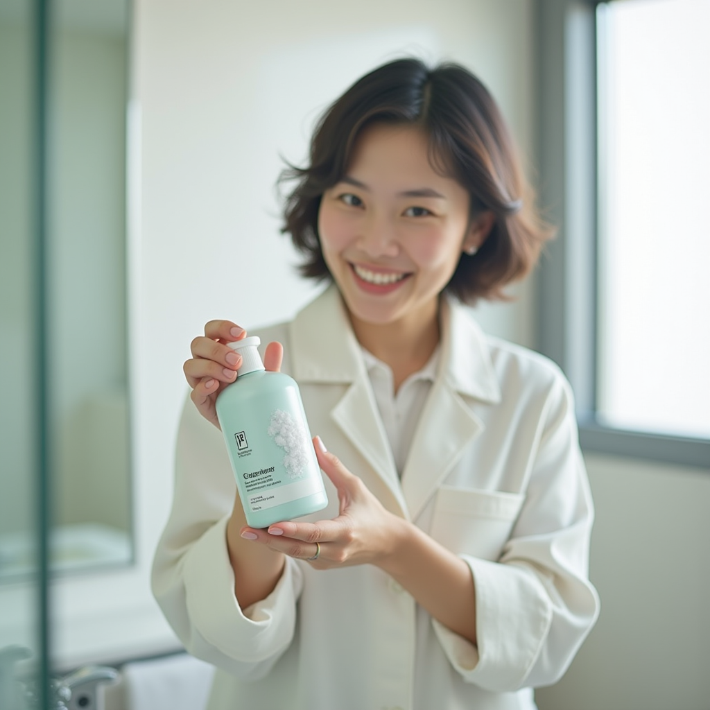 東京在住の田中由紀さんがバスルームでミネラル塩系クリーナーのボトルを持っている様子、笑顔、清潔で現代的な日本のバスルーム背景、自然な窓からの光