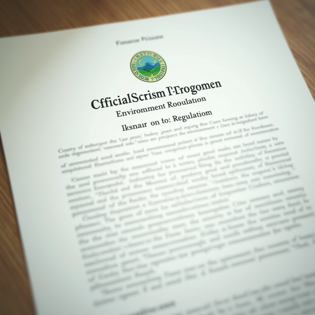 環境省の印章と緑色の認証スタンプが押された環境規制の公式政府文書