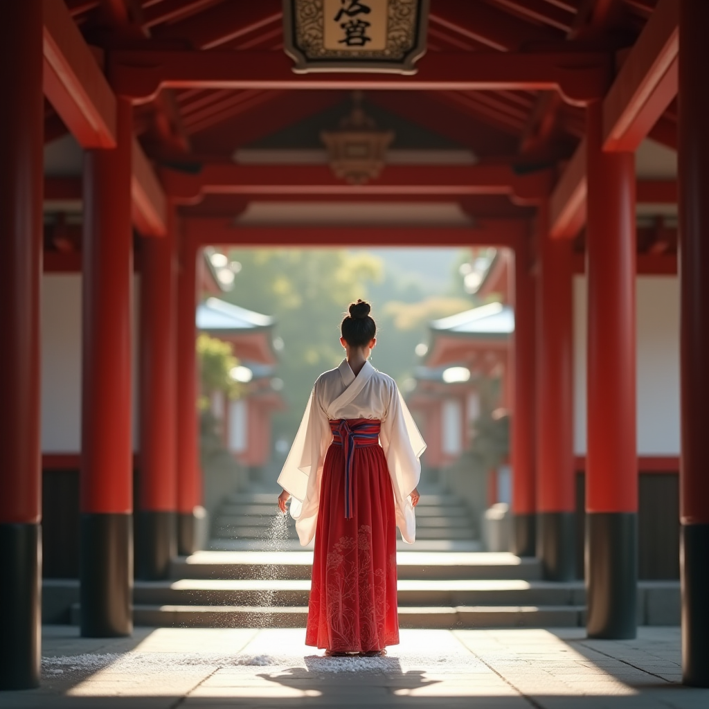古代日本の神社での塩の浄化儀式 - 伝統的な白と赤の袴を着た巫女が鳥居の入口で神聖な塩を撒いている様子