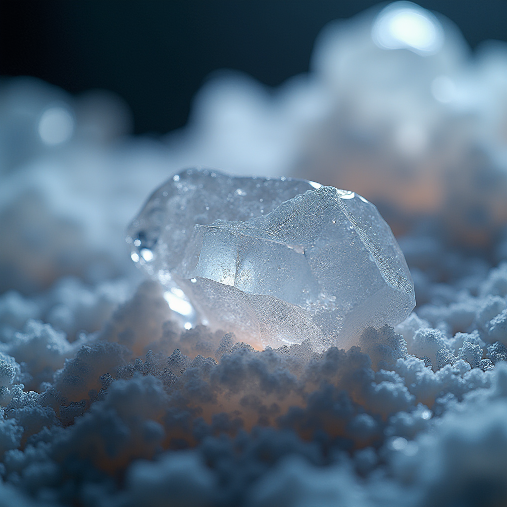 JPpibo塩系クリーナーの塩結晶構造を顕微鏡で拡大した画像。青白く光る結晶が汚れ分子を包み込んでいる様子が見える科学的なビジュアル