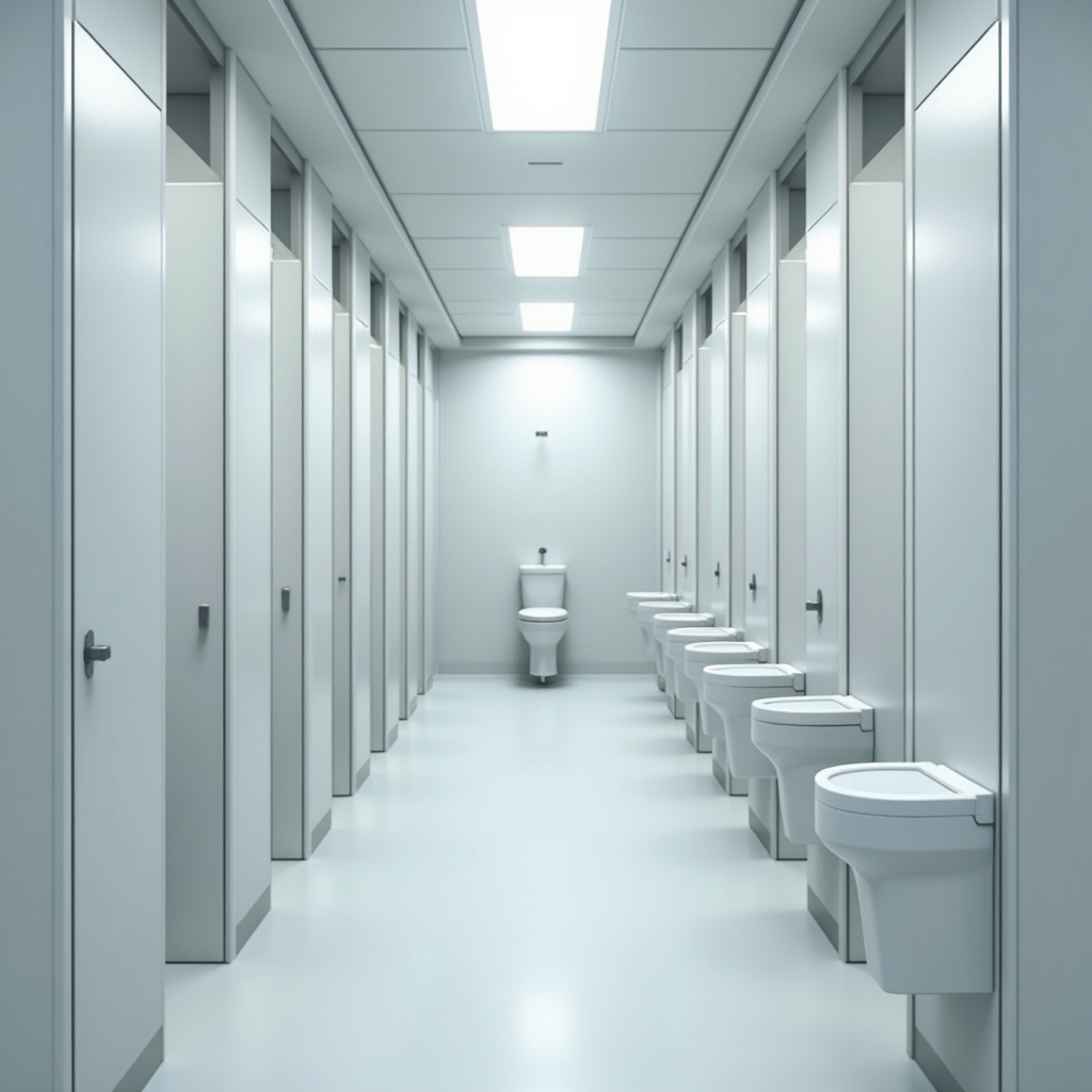Modern office building restroom with multiple stalls being cleaned by professional staff using JPpibo salt cleaner, bright lighting and pristine white fixtures