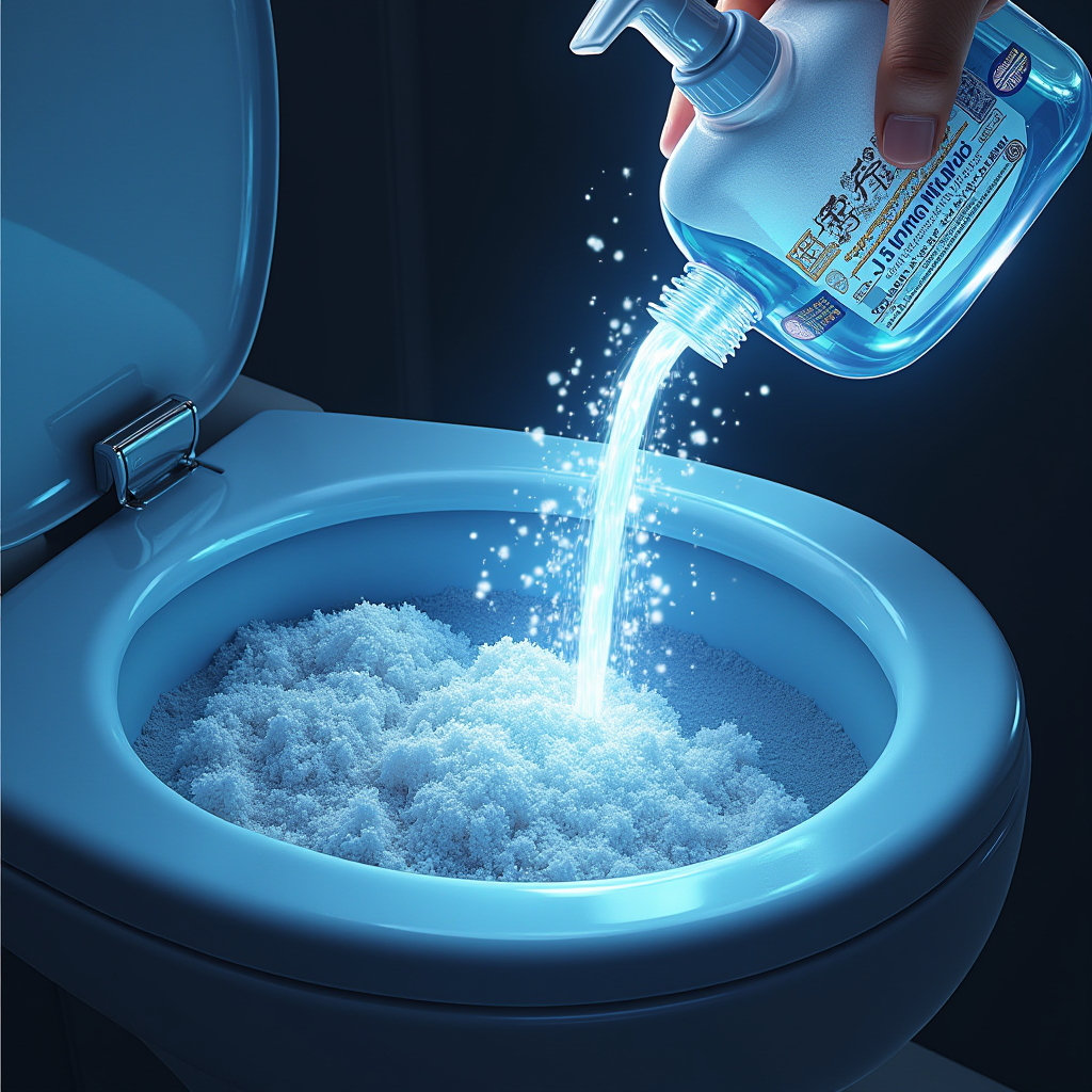 JPpibo塩系クリーナーの集中トリートメントプロセスを示す図解。重度に汚れた便器に塩ベースの洗浄剤が浸透し、分子レベルで汚れを分解する様子を、古代エジプトの象形文字風のデザインとサイバーパンクのネオン効果で表現