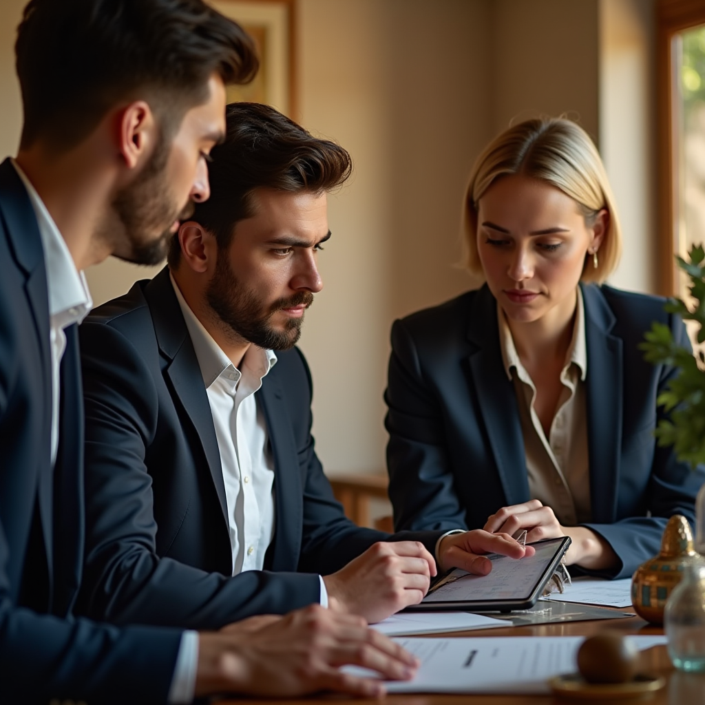 施設管理者とのビジネスコンサルテーションミーティング、デジタルタブレットでJPpiboソルトクリーナー導入計画をレビュー、古代エジプト風の装飾要素