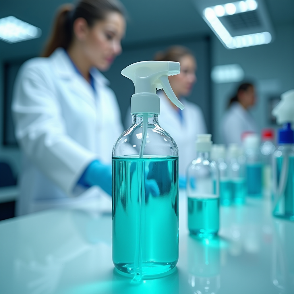 白衣を着た科学者たちがJPpiboクリーナーの配合を研究する最新の研究室、ターコイズ色の液体が入った試験管、ハイテク機器