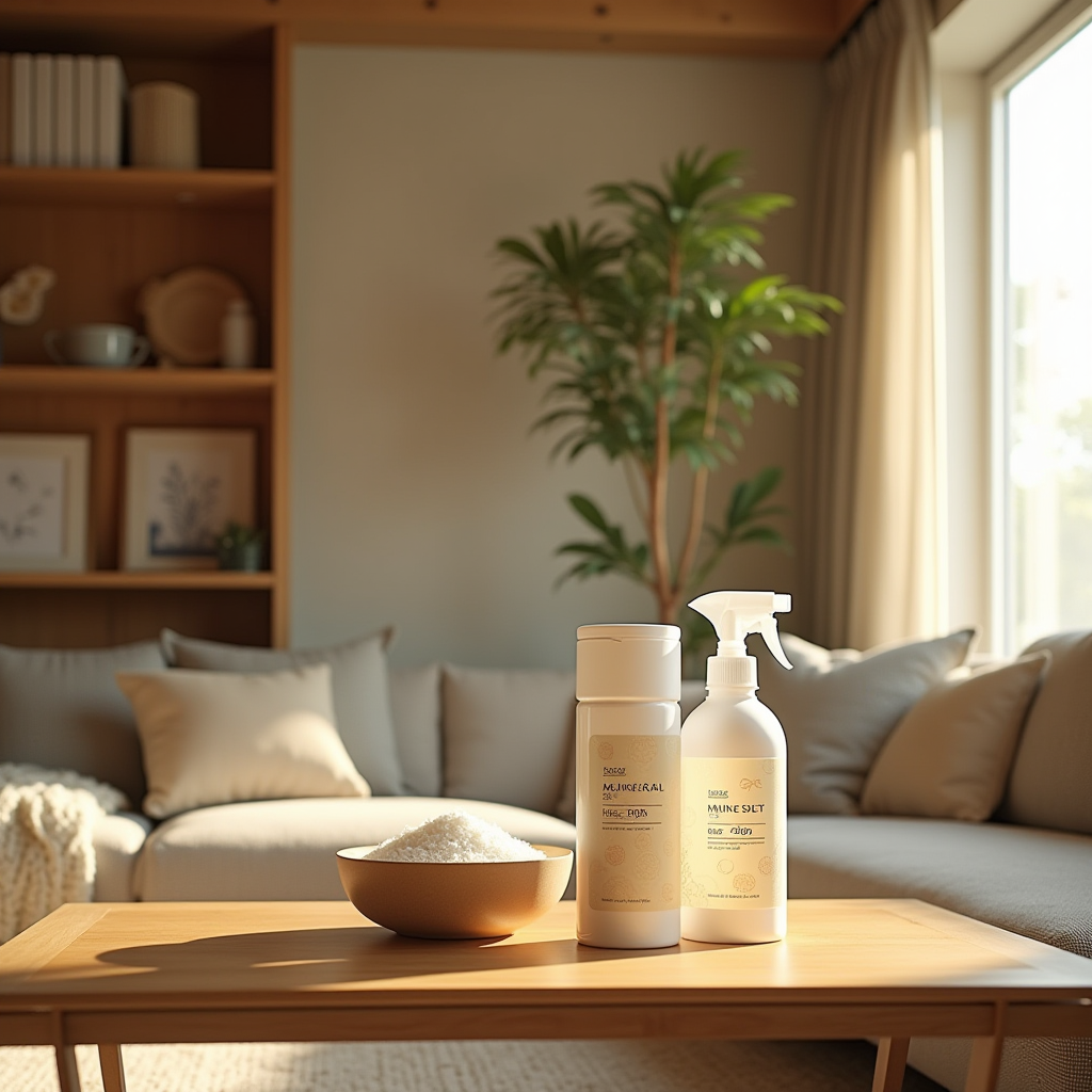 大阪の家族のアパートのリビングルーム、棚に整理された清掃用品、ミネラル塩系クリーナーが目立つように展示、伝統的と現代的な日本の装飾の融合、暖かい午後の照明