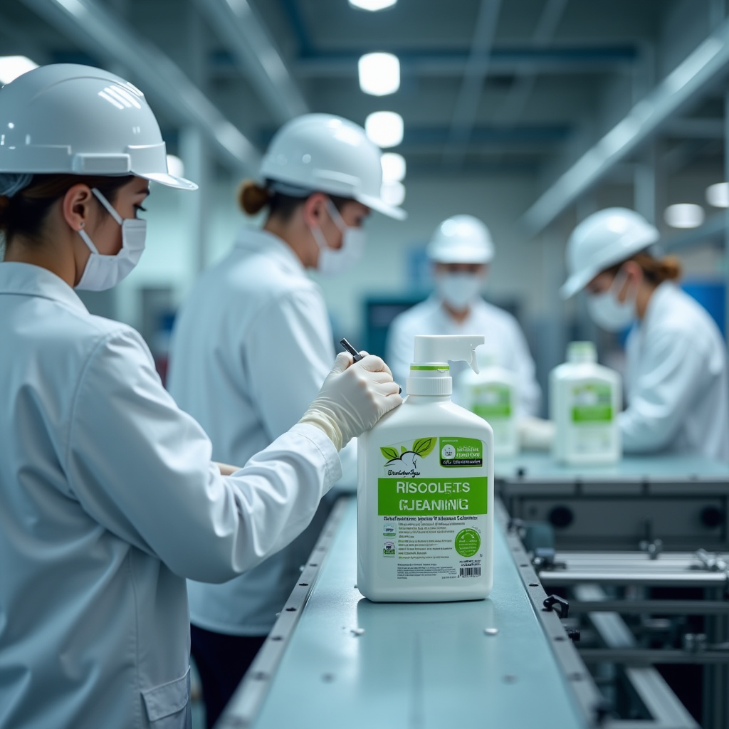 白衣を着た作業員が生産ラインで緑色の認証ラベルが付いたエコフレンドリーな洗浄製品を検査している近代的な製造施設