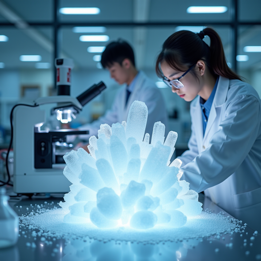 京都大学化学研究室 - 白衣を着た科学者たちが先進的な電子顕微鏡と分光装置を使用して塩の結晶構造を分析している現代的な研究施設