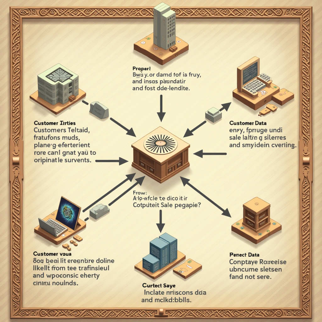 データ利用目的 - 顧客データが様々なサービス改善に流れるフローチャート、古代エジプトスタイルのボーダー