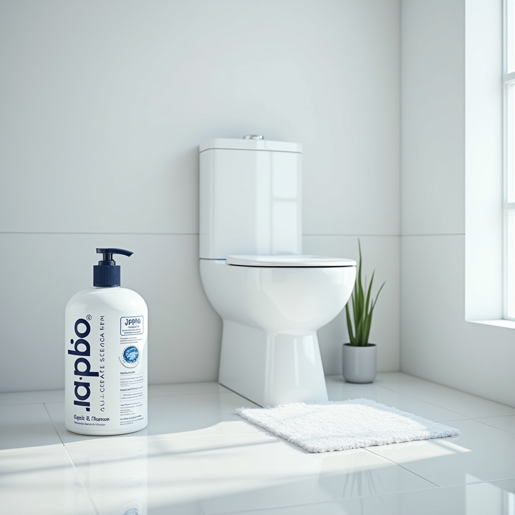 バスルーム全体の清掃プロセスを示す画像。便器、床、壁、天井の各部分が清掃される様子を段階的に表示。JPpiboの塩系クリーナーボトルと専門機器が配置されている