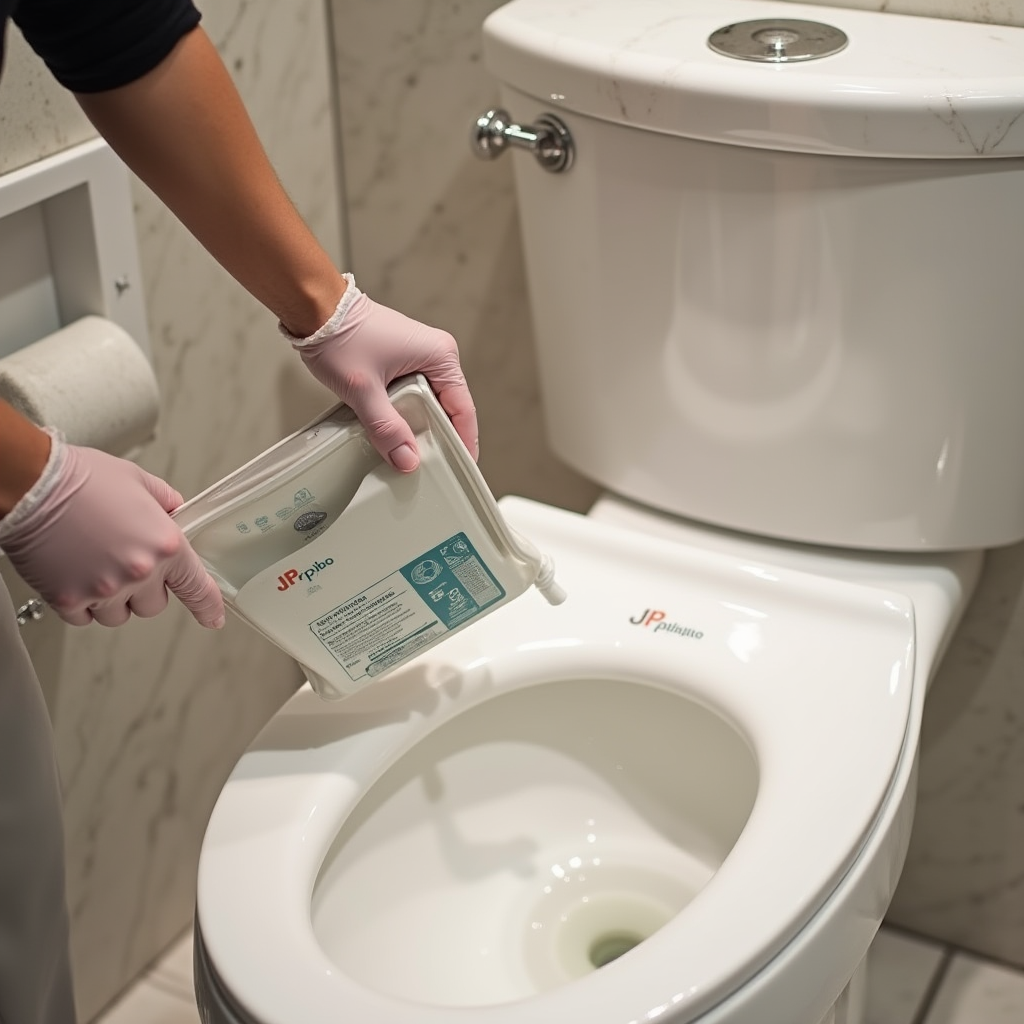 Luxury hotel bathroom with marble fixtures being professionally cleaned, staff member using JPpibo salt cleaner on pristine white toilet, elegant interior design