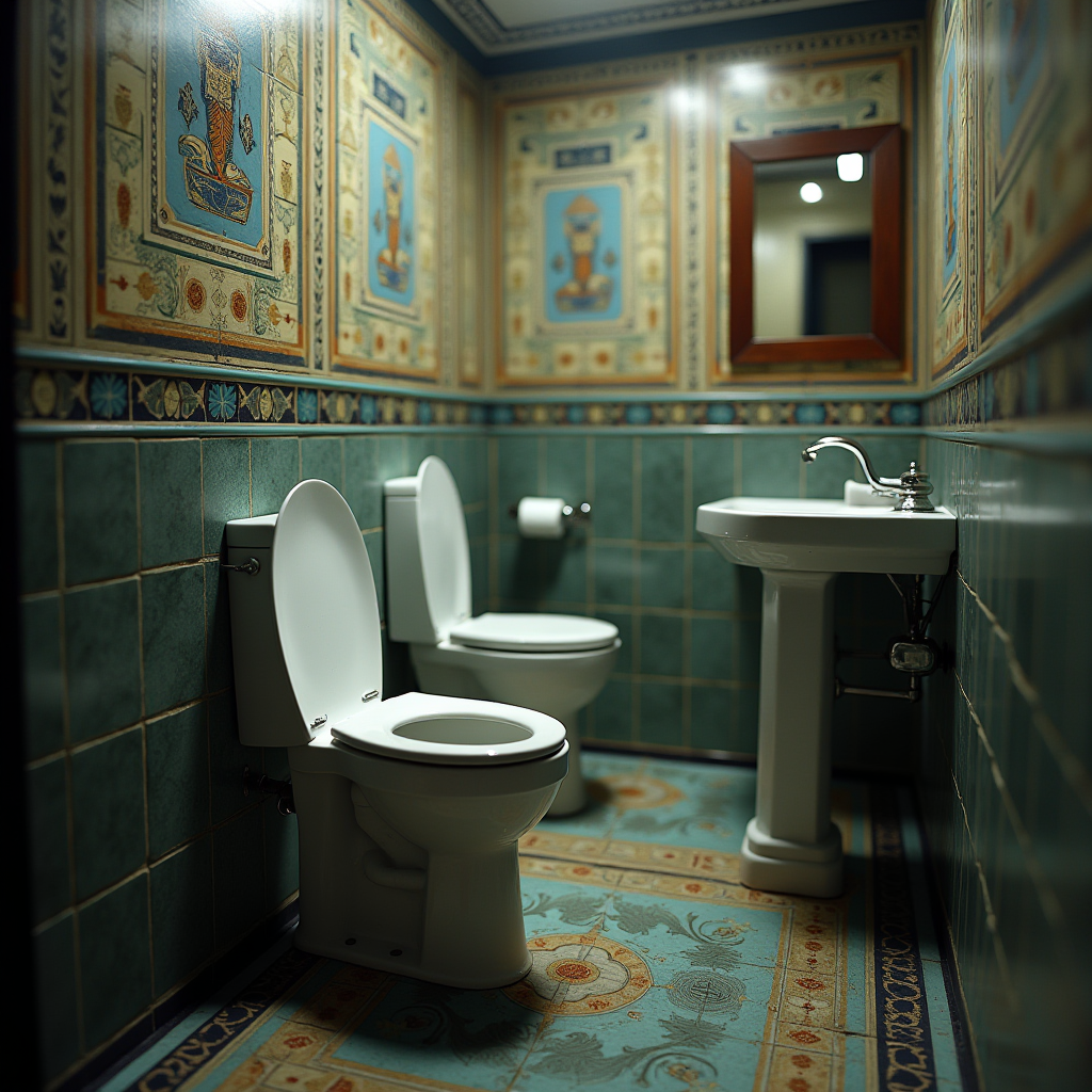 コンサルタントがモダンな診断ツールを使用してトイレ設備と配管システムを検査する詳細な施設評価、古代エジプトのヒエログリフスタイルのノート