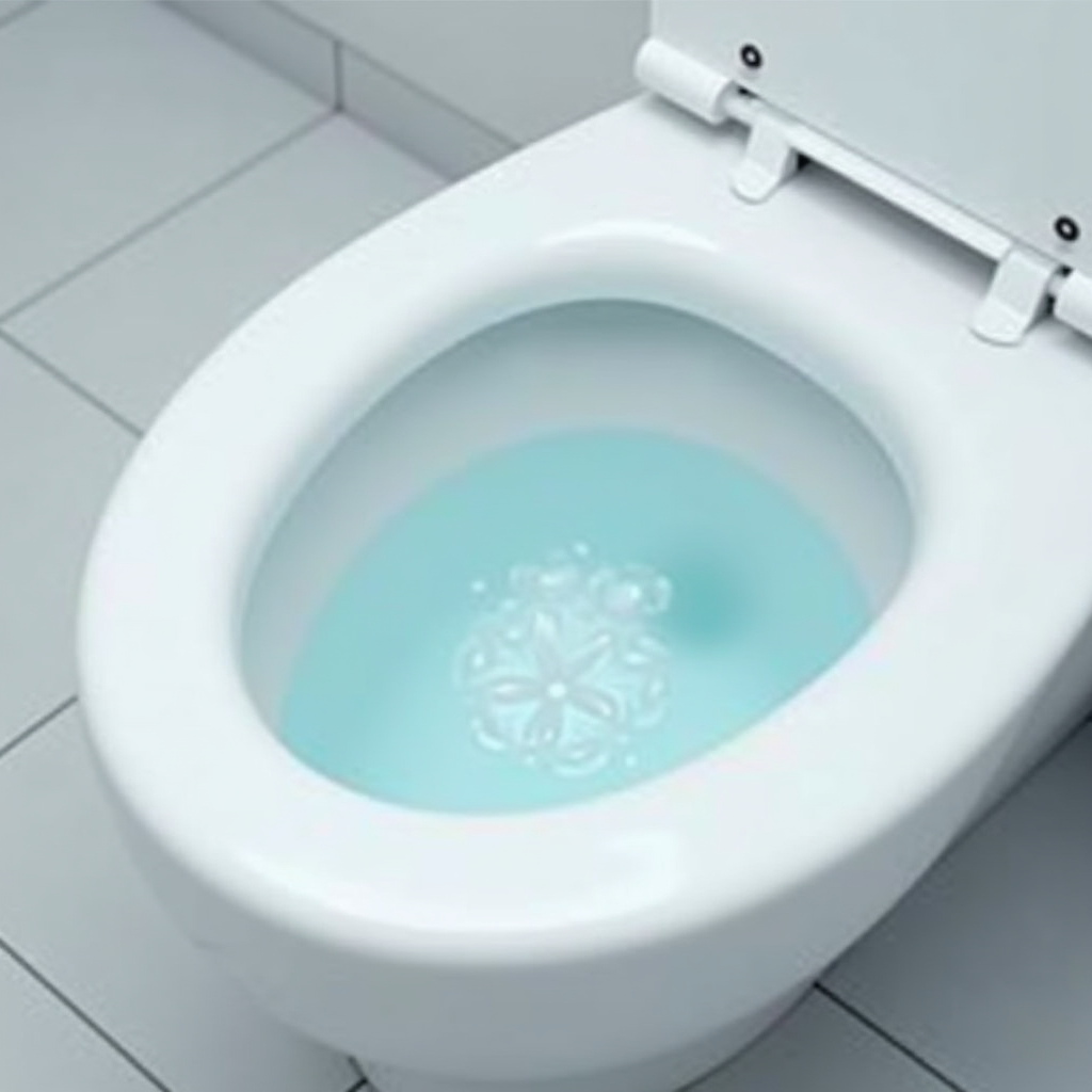 安全で効果的なトイレ掃除のイメージ - JPpibo塩系トイレクリーナーを使用した清潔な便器、除菌・消臭効果を示す視覚的表現