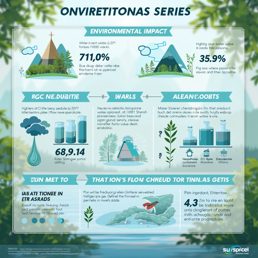 環境影響の比較インフォグラフィック、清潔な水の流れと自然のイメージ、化学廃棄物削減の統計グラフ