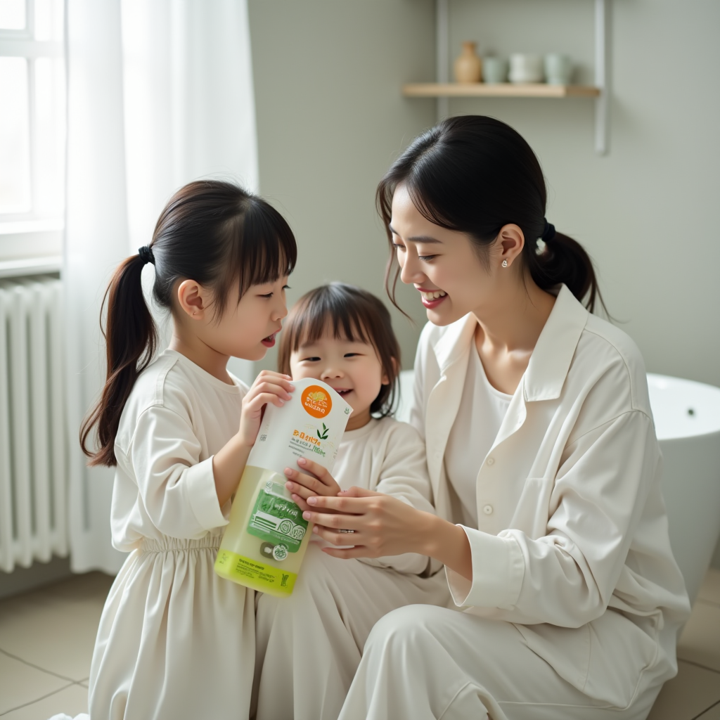 モダンなバスルームで環境配慮型トイレクリーナーの製品ラベルを読む日本の家族、自然光、ミニマリストなインテリアデザイン、持続可能なライフスタイル選択に焦点