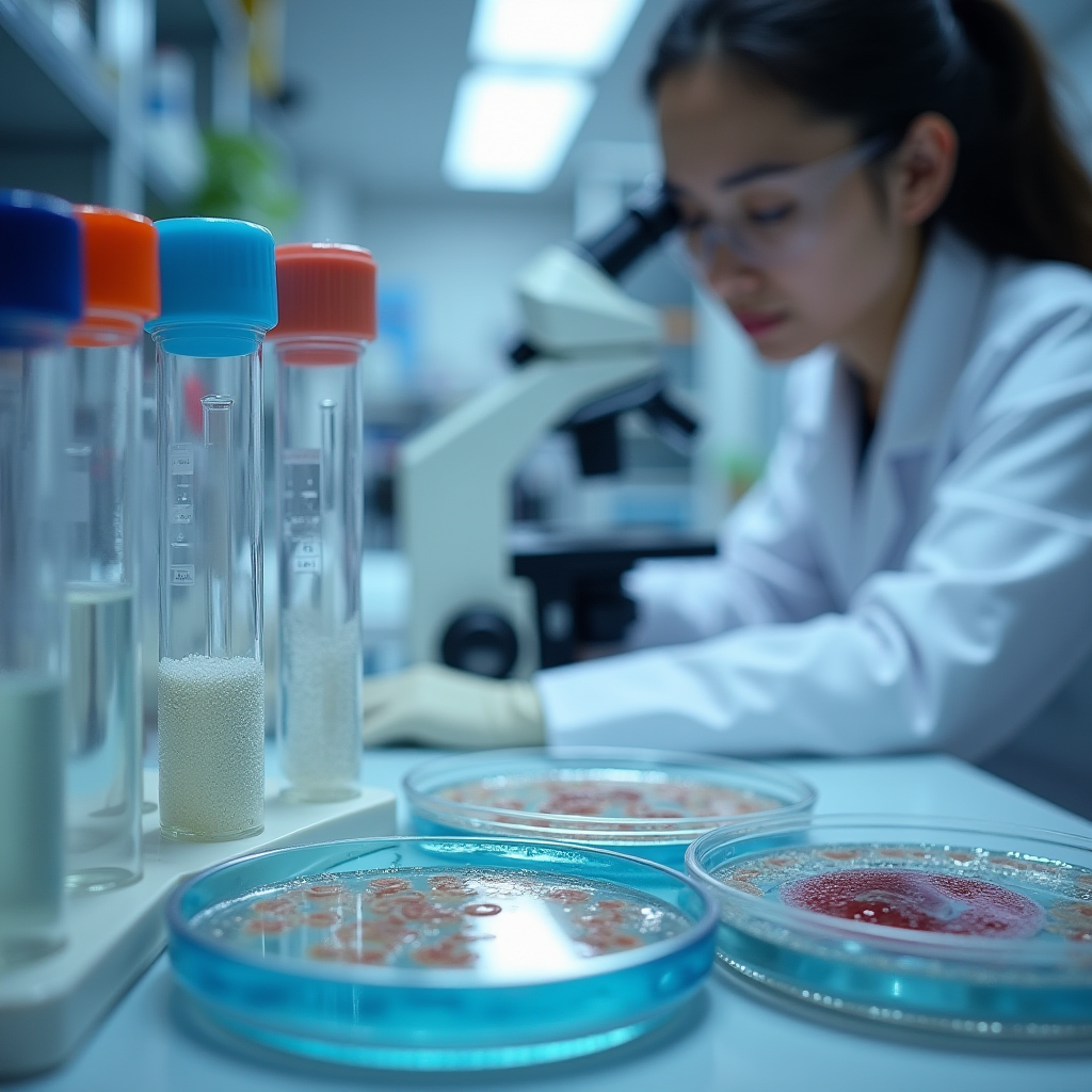 科学実験室の設定、細菌培養を示すペトリ皿、顕微鏡、ミネラル塩溶液入り試験管、白衣の研究者が結果を調べている様子、プロフェッショナルな科学写真