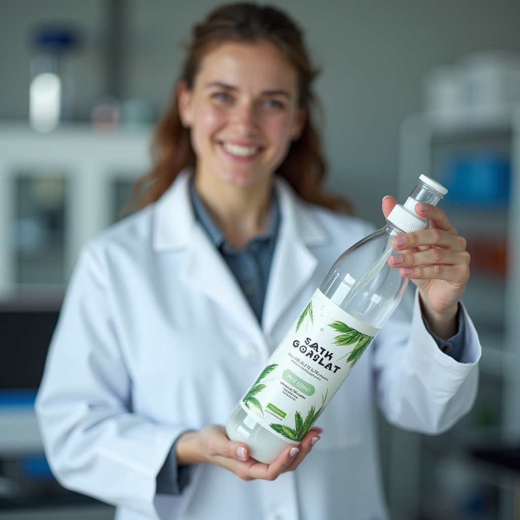 エコフレンドリーなラベルが付いた塩系洗浄製品のボトルを持つ実験室コートを着た中小企業のオーナーと背景にある試験装置