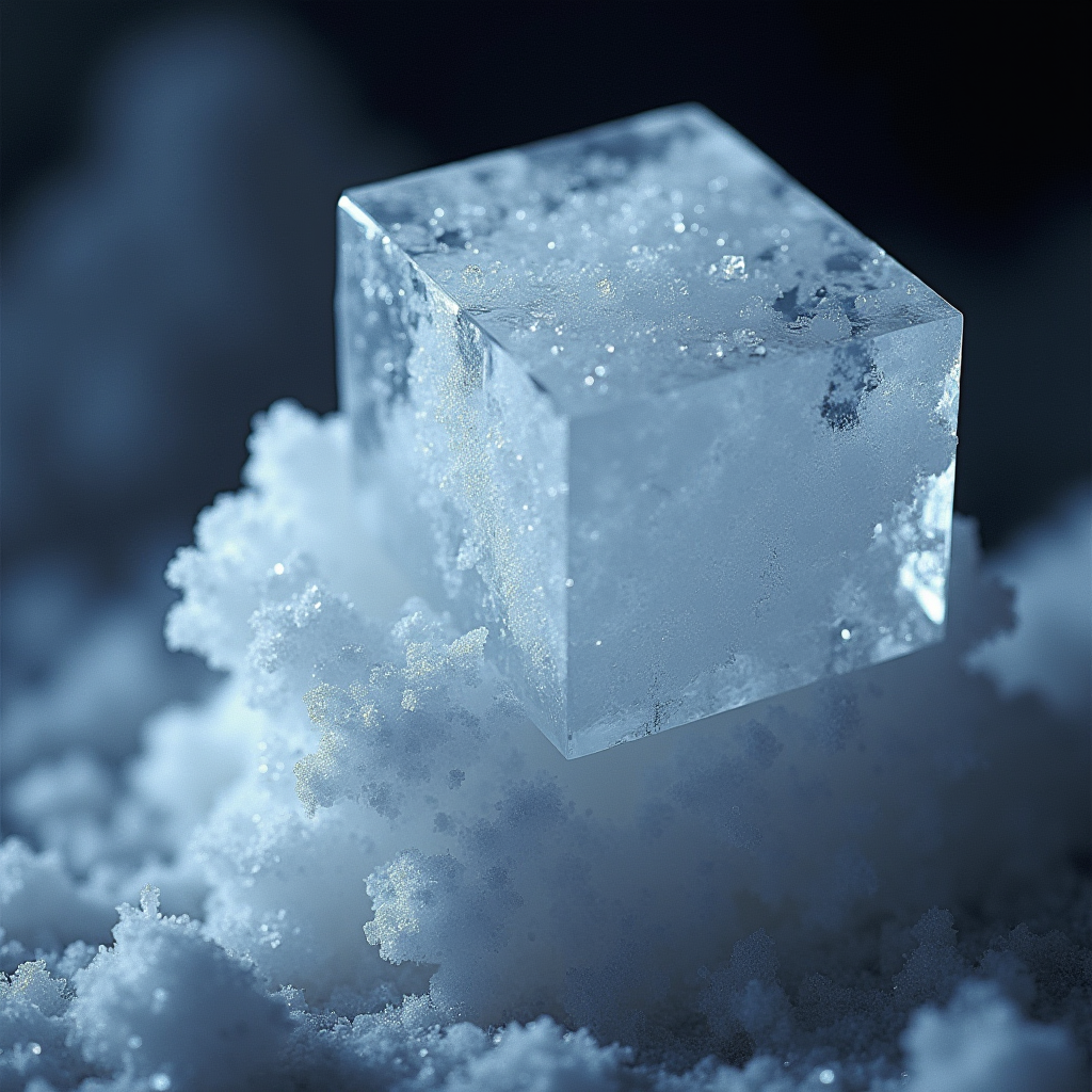 塩の結晶構造の顕微鏡写真 - 高倍率電子顕微鏡で見える分子格子構造を持つ詳細な立方体の塩化ナトリウム結晶