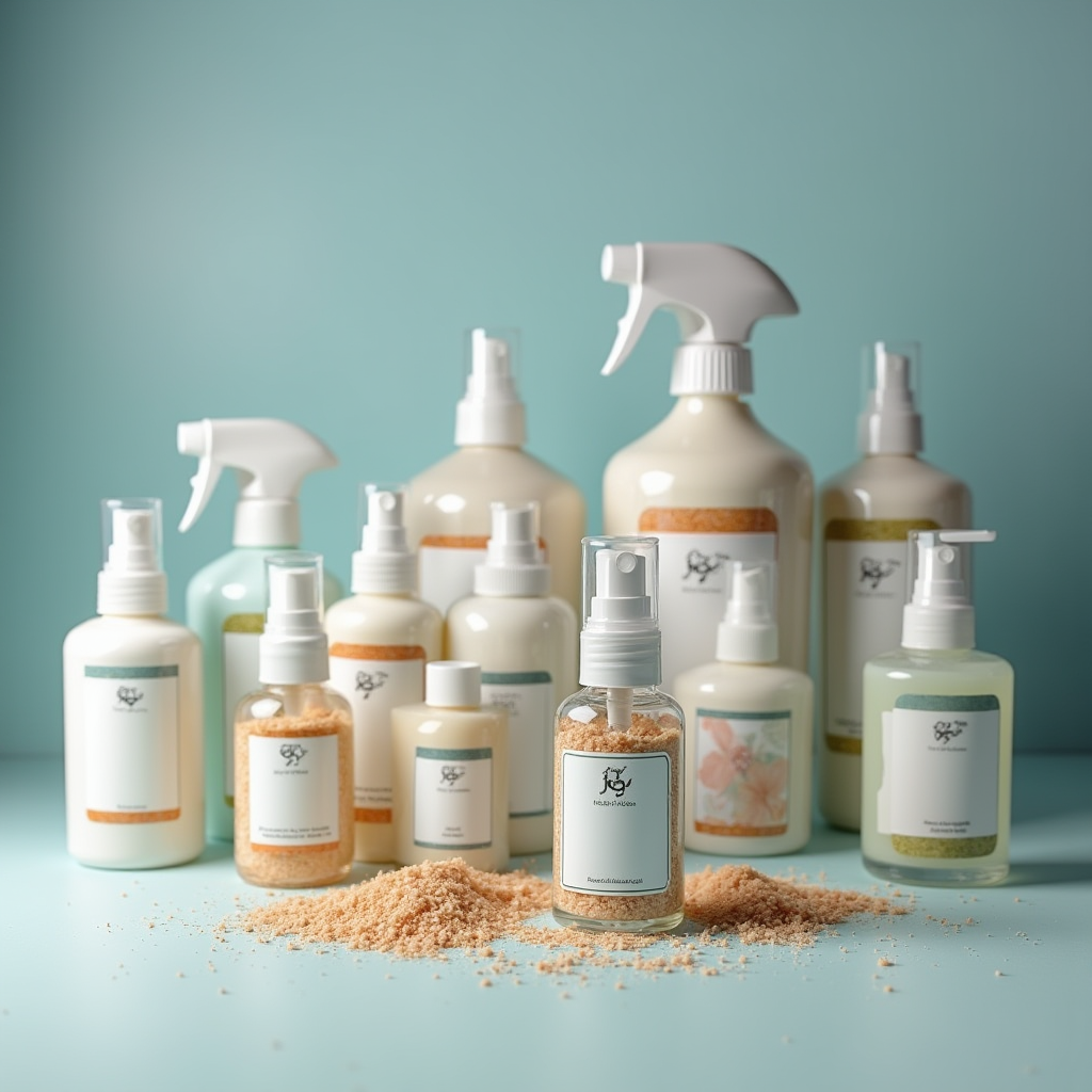 Collection of JPpibo salt-based toilet cleaner products arranged professionally, bottles and spray containers with turquoise and copper labeling, professional cleaning supplies