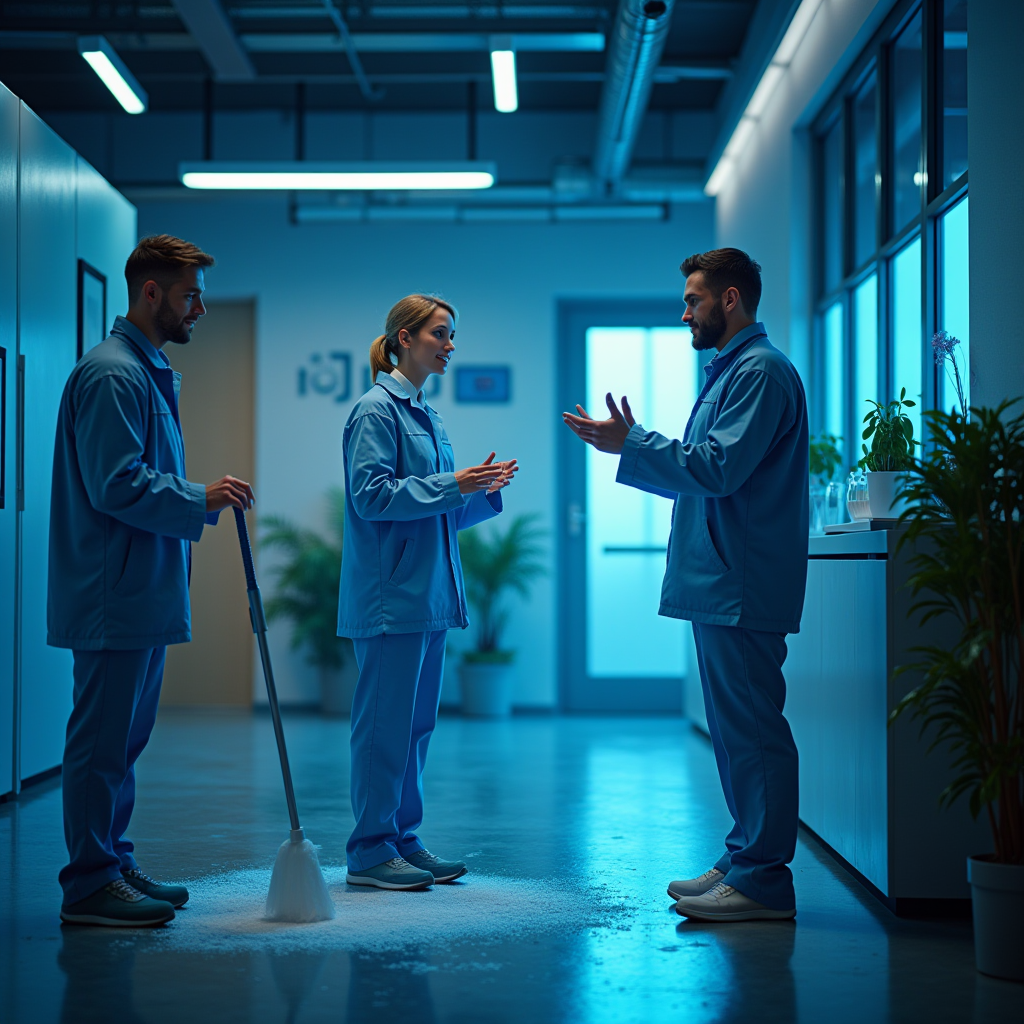 モダンなトレーニング施設でJPpiboソルトクリーナーの適切な使用技術を学ぶ清掃スタッフとのインタラクティブなトレーニングセッション、ネオンライティング