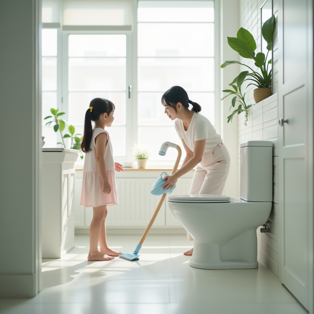 JPpiboクリーナーを使用する日本の家族、明るい自然光の中でバスルームを掃除する母親と子供、清潔で安全な環境