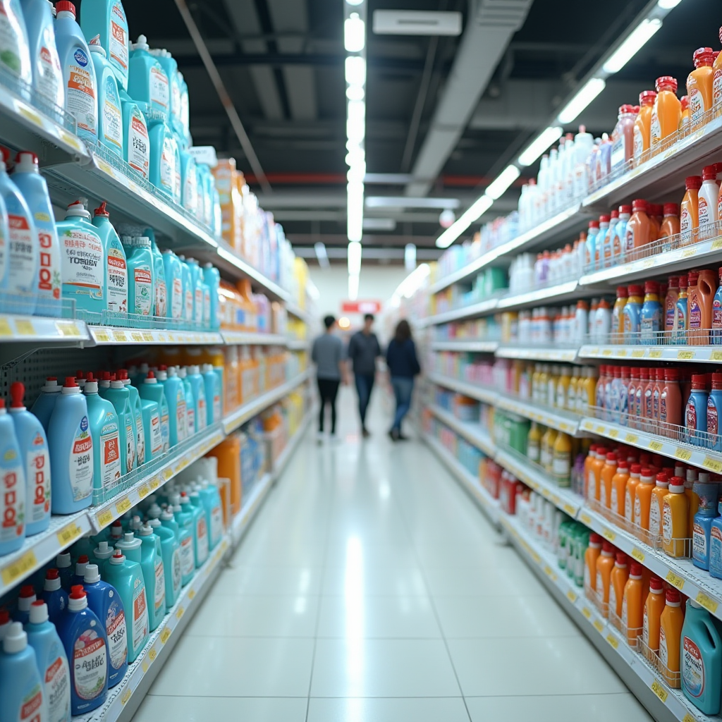 日本のホームセンターの洗浄製品売り場の広角ビュー、塩系トイレクリーナーの目立つディスプレイ、整理された棚、明るい小売環境、背景に買い物客