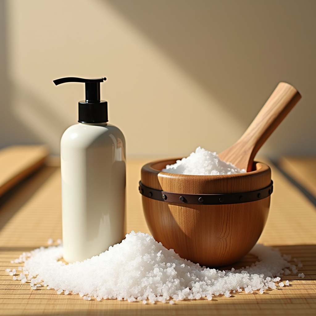 伝統的な日本の木製バケツと塩の結晶、現代のミネラルクリーナーボトルの隣、畳の背景、柔らかい自然光、文化遺産とイノベーションの出会いのコンセプト