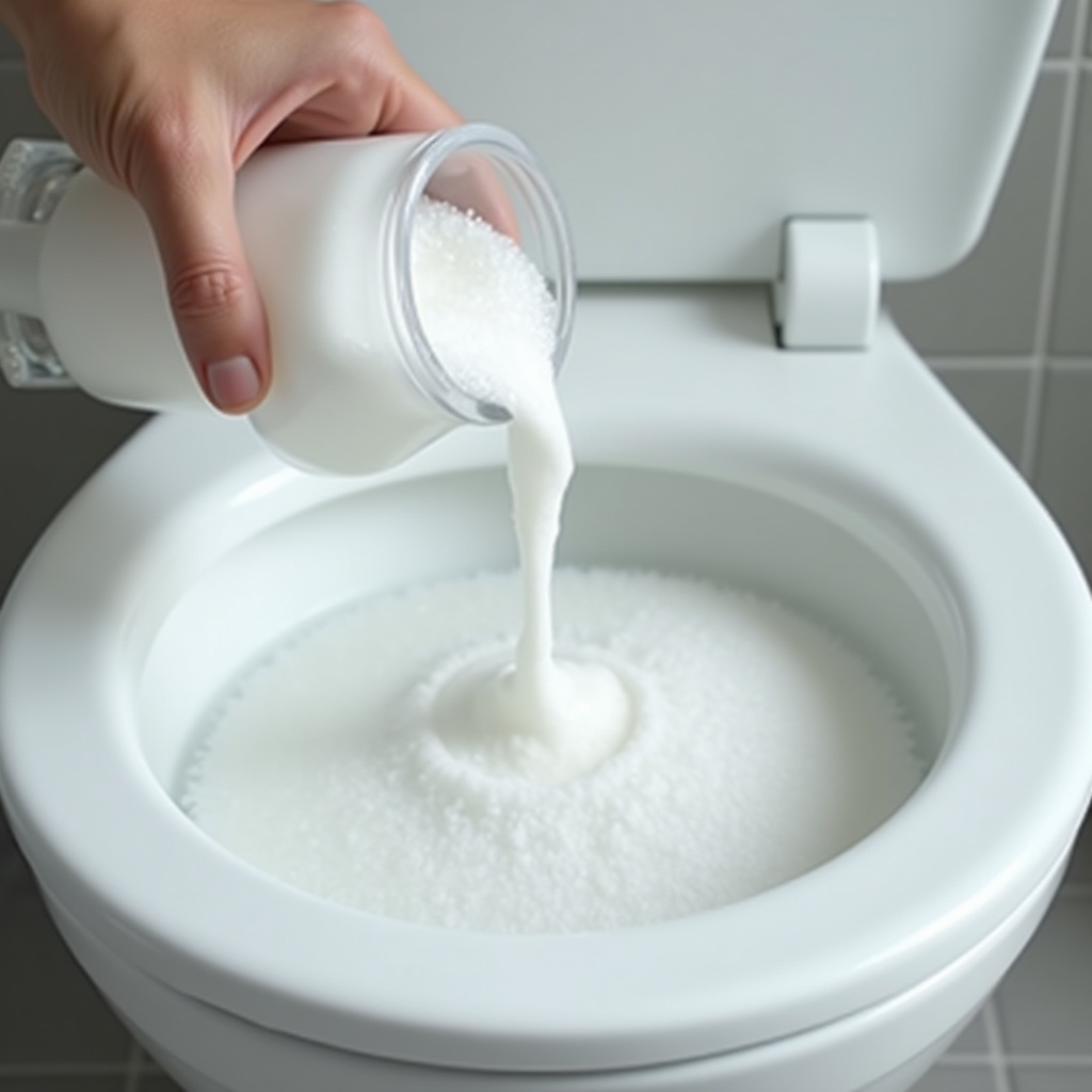 泡立つ自然な洗浄作用を示す便器に白い塩系洗浄液を注ぐ手のクローズアップ