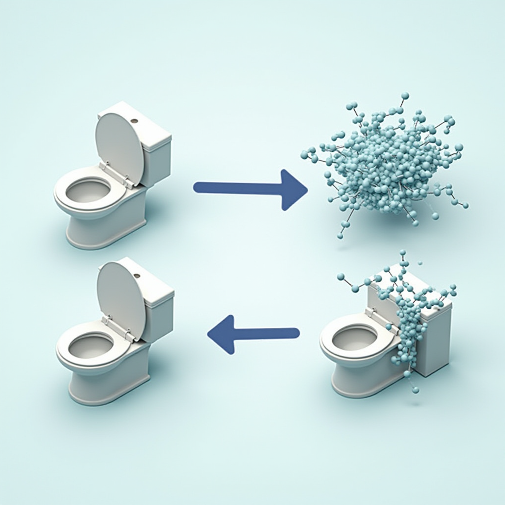 化学反応図 - トイレ表面の水垢と汚れ分子を分解する塩イオンの分子図解、イオンの動きと化学結合を示す矢印付き