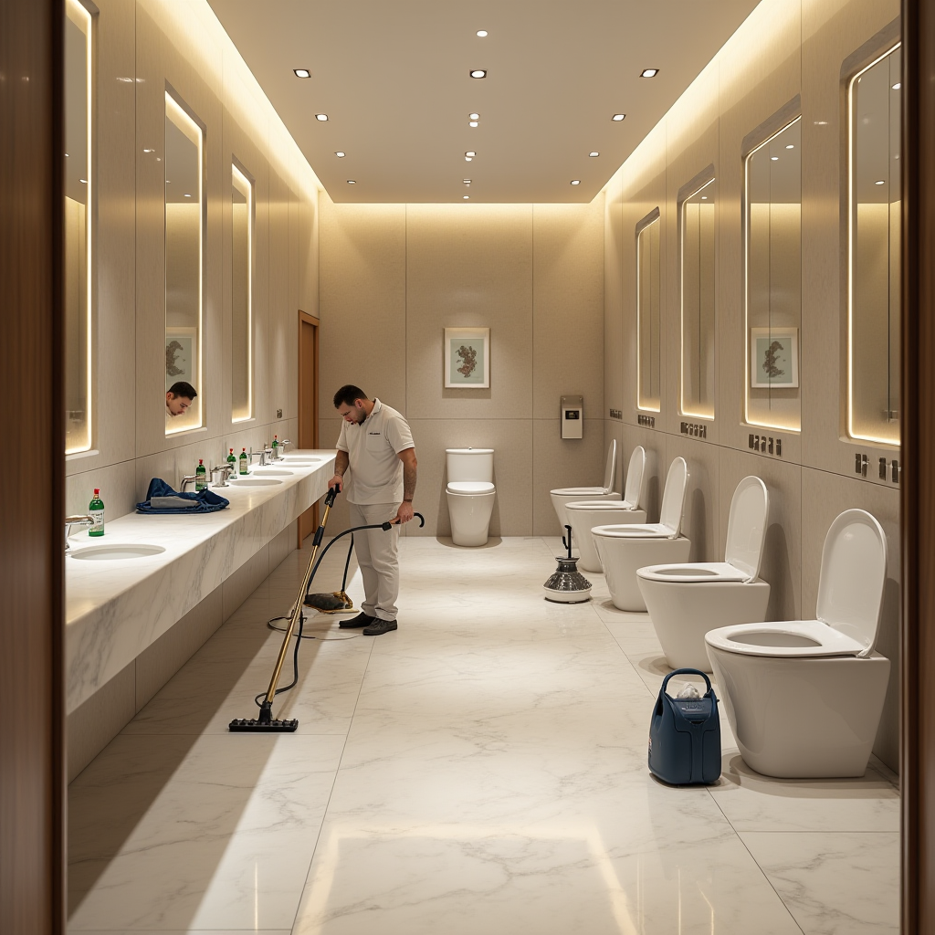 大型商業施設の豪華なトイレで、JPpiboの清掃チームが複数の便器を同時に清掃している様子。プロフェッショナルな機器と塩系クリーナーが整然と配置され、効率的な作業風景