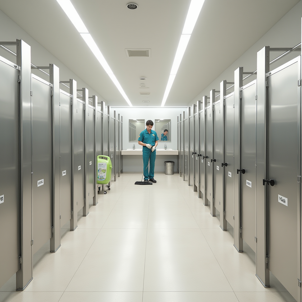 Large shopping center public restroom with multiple stalls, professional cleaning staff using JPpibo products, modern fixtures and bright lighting