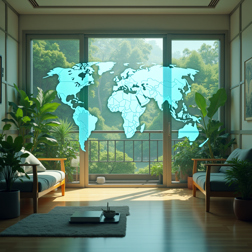 持続可能な清掃の未来像、エコデータを表示するホログラフィック画面、緑の植物がある清潔な日本の家のインテリア、サイバーパンクと自然の融合