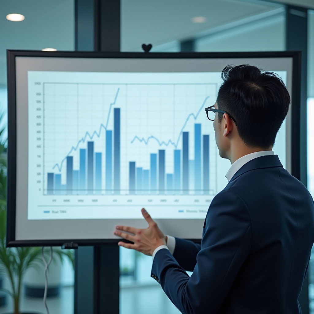 モダンなオフィスでデータチャートを提示するプロフェッショナルな日本の市場アナリスト、上昇トレンドを示すグラフ、ビジネスカジュアルな服装、清潔な企業環境