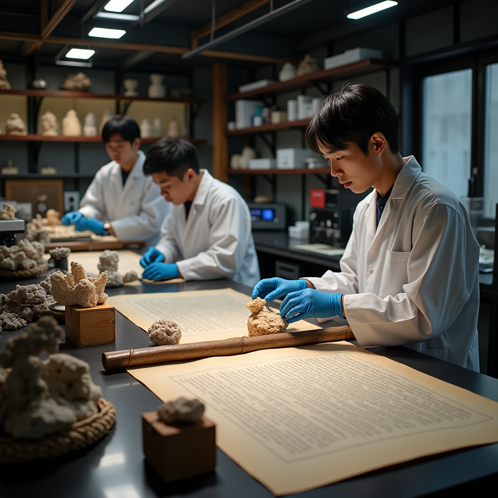 伝統的な要素を持つ現代の日本の研究室、ミネラル組成を分析する科学者たち、現代の機器と並んで展示された古代の巻物、古いものと新しいものの融合、明るいプロフェッショナルな照明