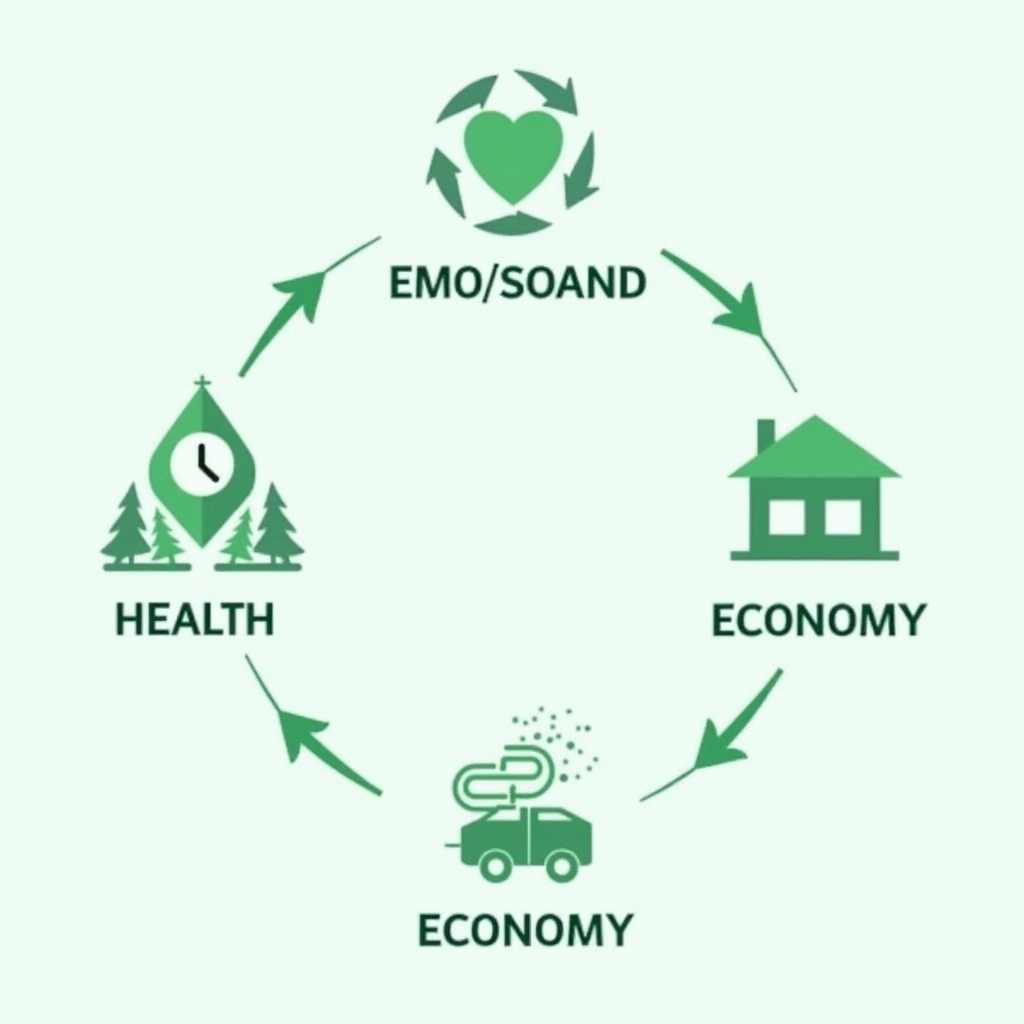 環境、健康、経済のアイコンが緑色の矢印で結ばれ、日本の持続可能性目標のテキストが表示された塩系クリーナーの利点を示すインフォグラフィック