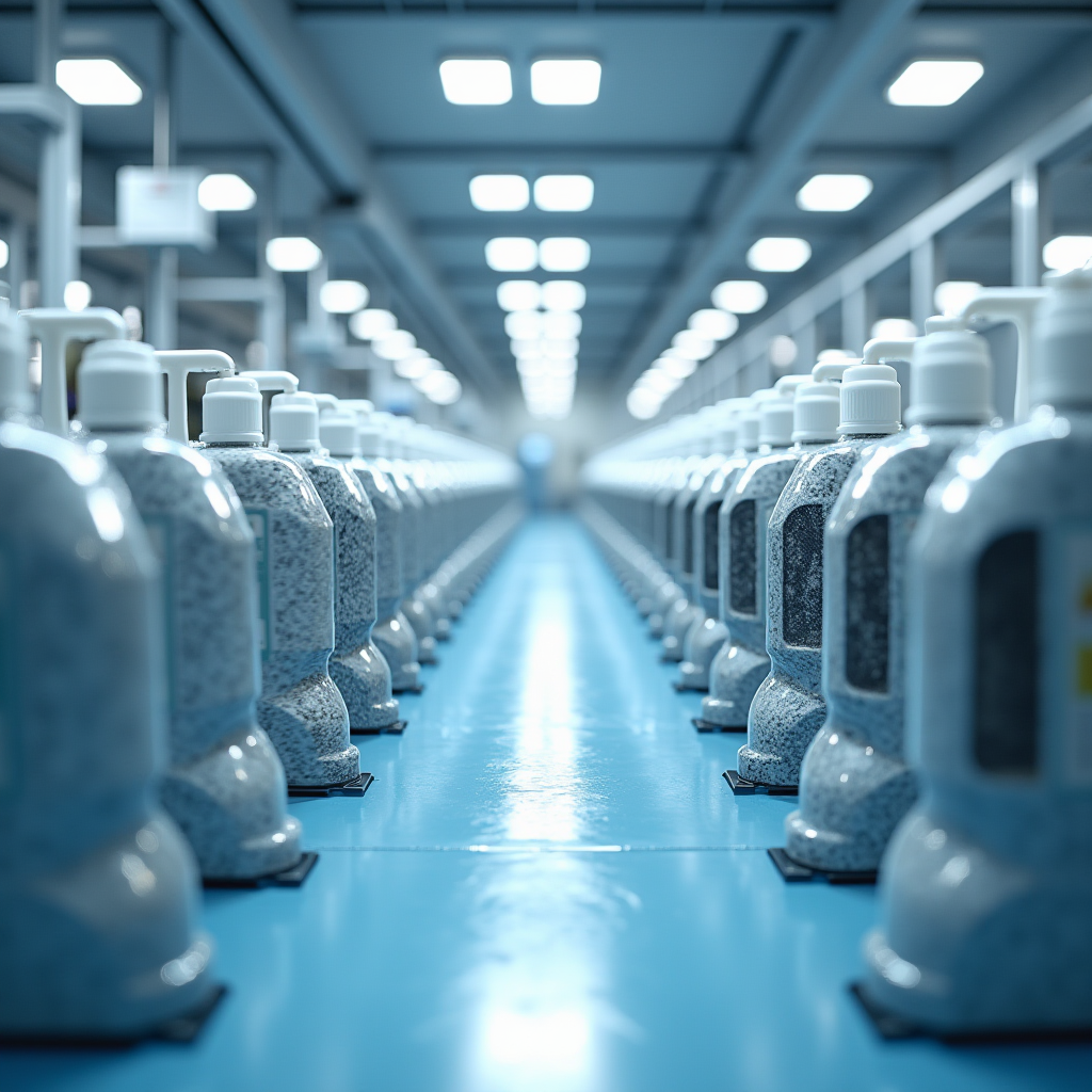 現代の塩系トイレクリーナー製造ライン - 環境に優しい塩系クリーナー製品を処理する自動包装システムと品質管理ステーションを備えたハイテク製造施設