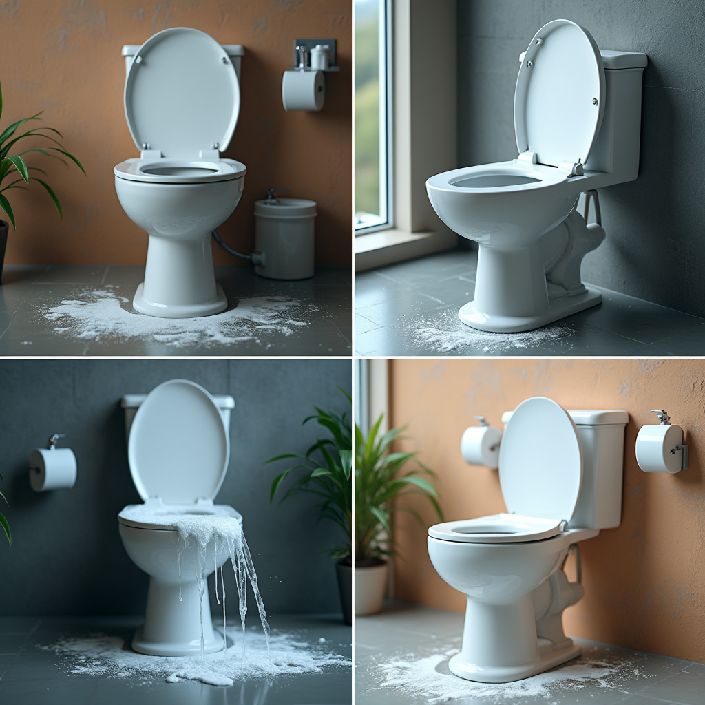 様々な業種のトイレ清掃シーンを4分割で表示。レストラン、ホテル、オフィス、ショッピングモールのトイレがそれぞれ清掃されている様子