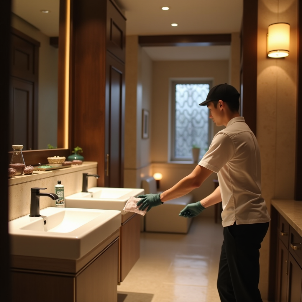 Elegant restaurant restroom being cleaned by professional staff, JPpibo salt cleaner bottles visible, stylish interior design with ambient lighting