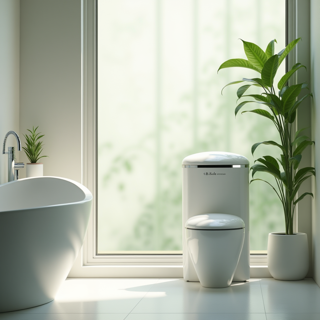 清潔な未来の象徴的なイメージ、JPpiboクリーナーがある清潔な日本のバスルーム、窓から差し込む自然光、緑の植物、伝統と革新の調和