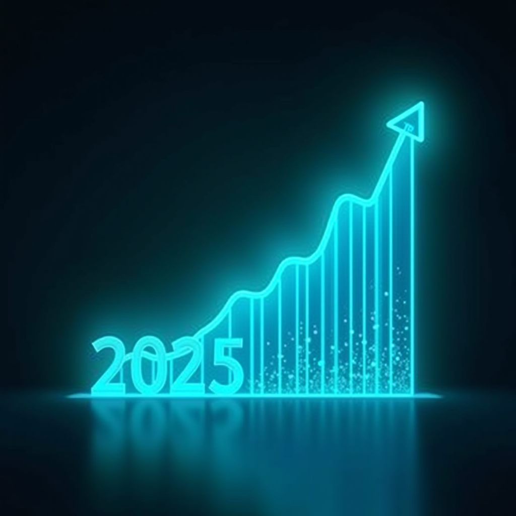 2025年までの持続可能な清掃業界の成長を示す未来的な予測グラフ、ホログラフィックスタイルの視覚化、ターコイズアクセントカラー、ハイテク美学