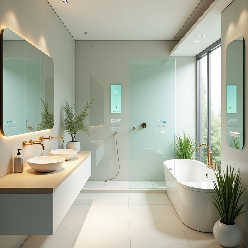 エコフレンドリーな清掃製品を備えた未来的な日本のスマートホームバスルーム、環境影響データを表示するデジタルディスプレイ、自然要素を取り入れた洗練された現代的なデザイン、明るく清潔な美学